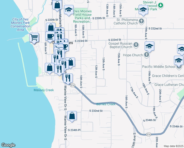 map of restaurants, bars, coffee shops, grocery stores, and more near 1060 South Rainbow Lane in Des Moines