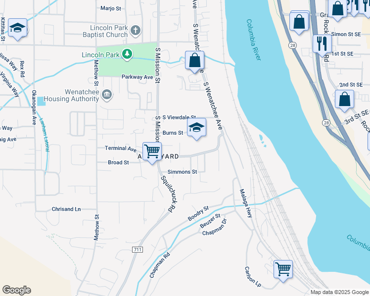 map of restaurants, bars, coffee shops, grocery stores, and more near 120 Terminal Avenue in Wenatchee