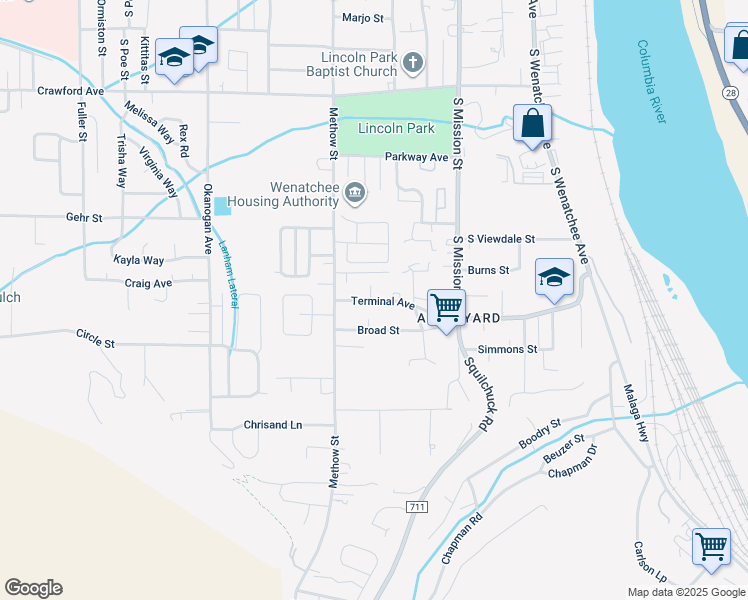 map of restaurants, bars, coffee shops, grocery stores, and more near 304 Terminal Avenue in Wenatchee