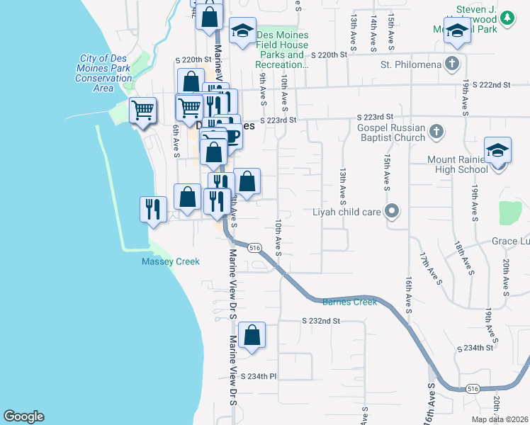 map of restaurants, bars, coffee shops, grocery stores, and more near 903 South 226th Place in Des Moines
