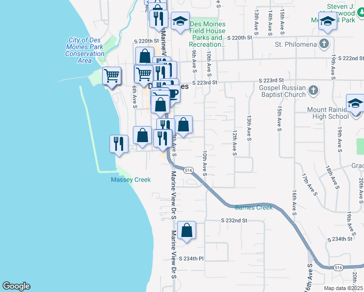 map of restaurants, bars, coffee shops, grocery stores, and more near 805 South 226th Place in Des Moines