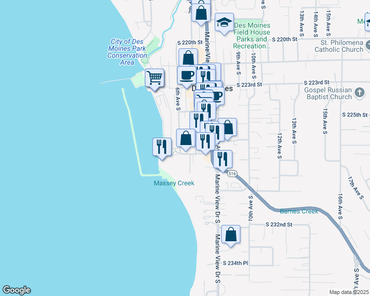 map of restaurants, bars, coffee shops, grocery stores, and more near 22612 6th Avenue South in Des Moines