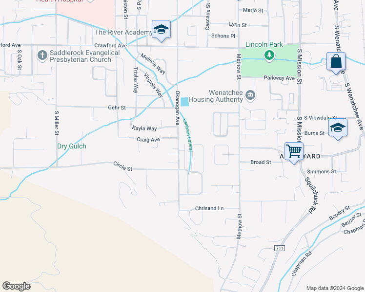 map of restaurants, bars, coffee shops, grocery stores, and more near 1714 Danny Boy Lane in Wenatchee