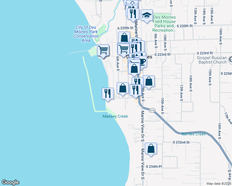 map of restaurants, bars, coffee shops, grocery stores, and more near 22698 Dock Avenue South in Des Moines