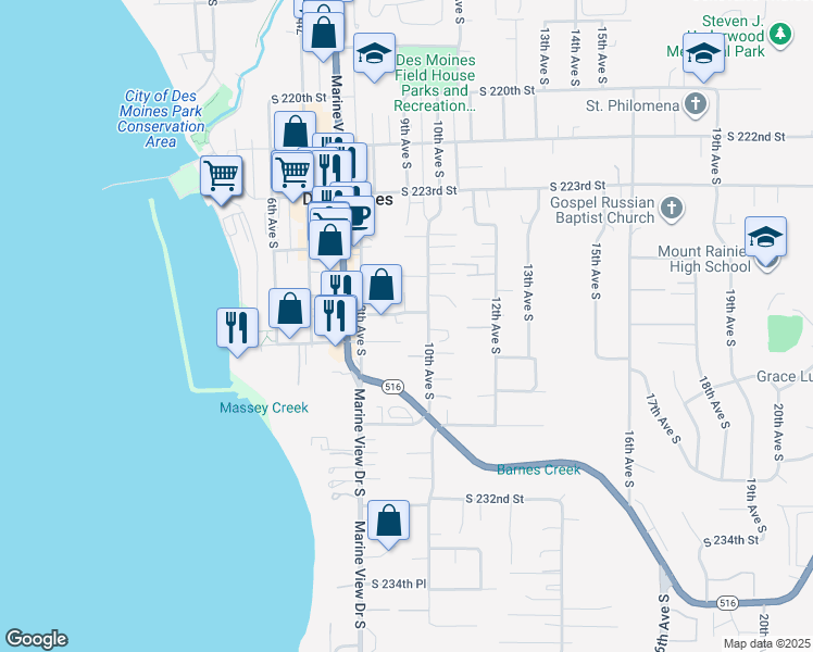 map of restaurants, bars, coffee shops, grocery stores, and more near 903 South 226th Place in Des Moines