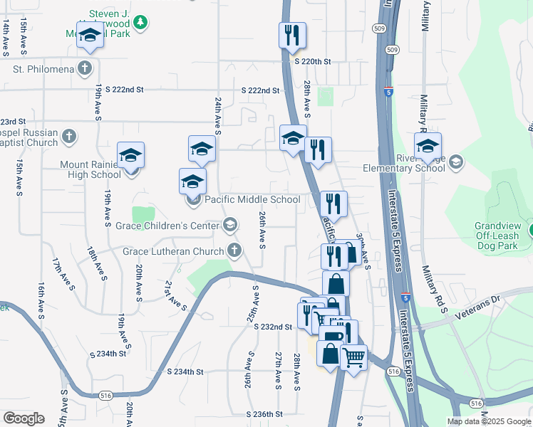 map of restaurants, bars, coffee shops, grocery stores, and more near 22606 26th Avenue South in Des Moines