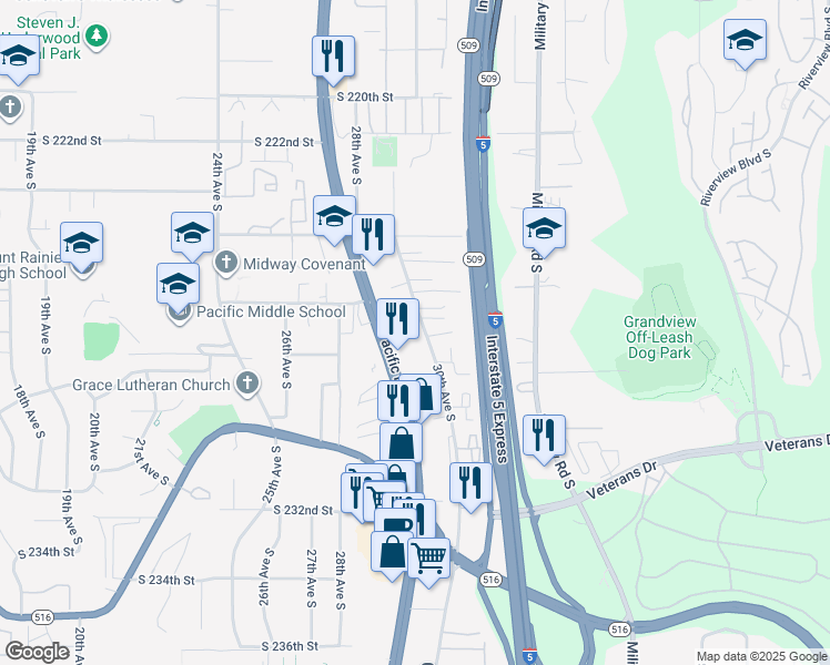 map of restaurants, bars, coffee shops, grocery stores, and more near 22625 30th Avenue South in Des Moines