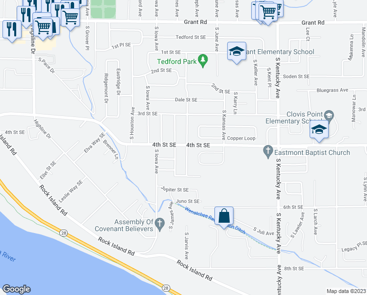 map of restaurants, bars, coffee shops, grocery stores, and more near 1124 4th Street Southeast in East Wenatchee