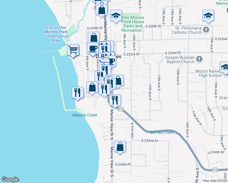 map of restaurants, bars, coffee shops, grocery stores, and more near 805 South 226th Place in Des Moines