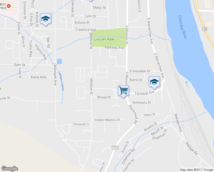 map of restaurants, bars, coffee shops, grocery stores, and more near 304 Terminal Avenue in Wenatchee