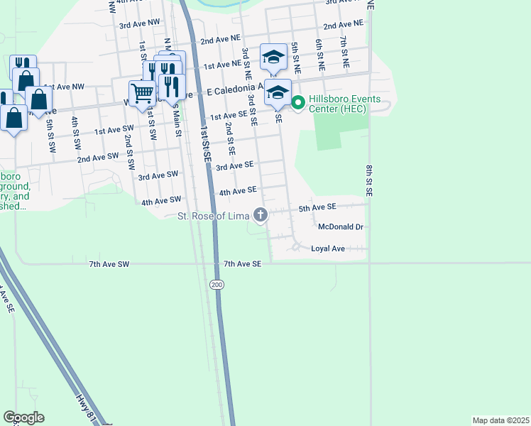 map of restaurants, bars, coffee shops, grocery stores, and more near 501 3rd Street Southeast in Hillsboro