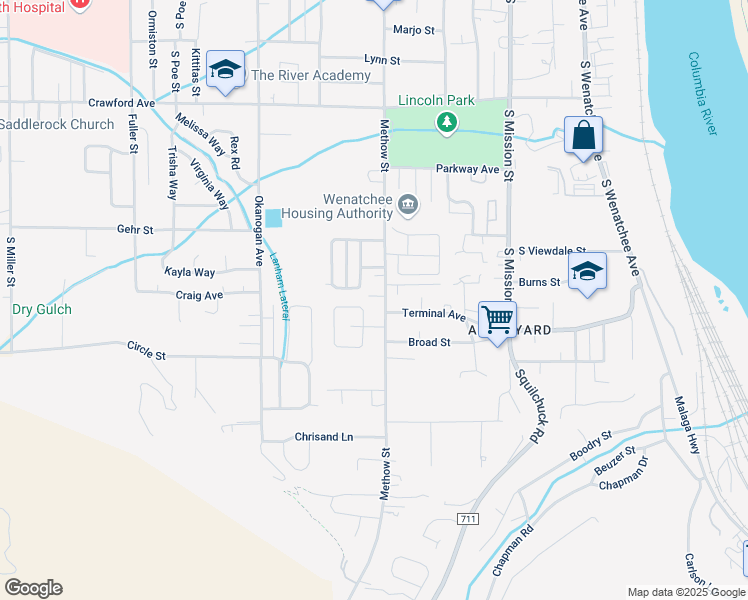 map of restaurants, bars, coffee shops, grocery stores, and more near 1706 Methow Street in Wenatchee