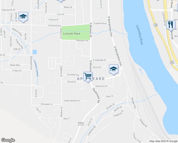 map of restaurants, bars, coffee shops, grocery stores, and more near 1704 South Mission Street in Wenatchee