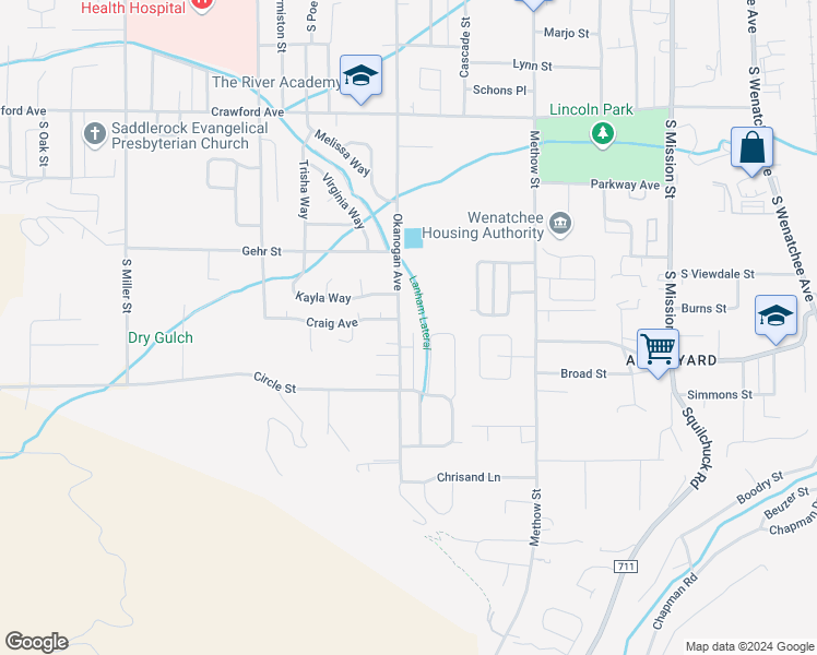 map of restaurants, bars, coffee shops, grocery stores, and more near 1716 Danny Boy Lane in Wenatchee