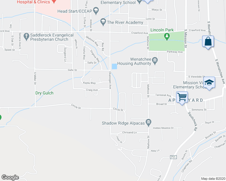 map of restaurants, bars, coffee shops, grocery stores, and more near 1716 Danny Boy Lane in Wenatchee