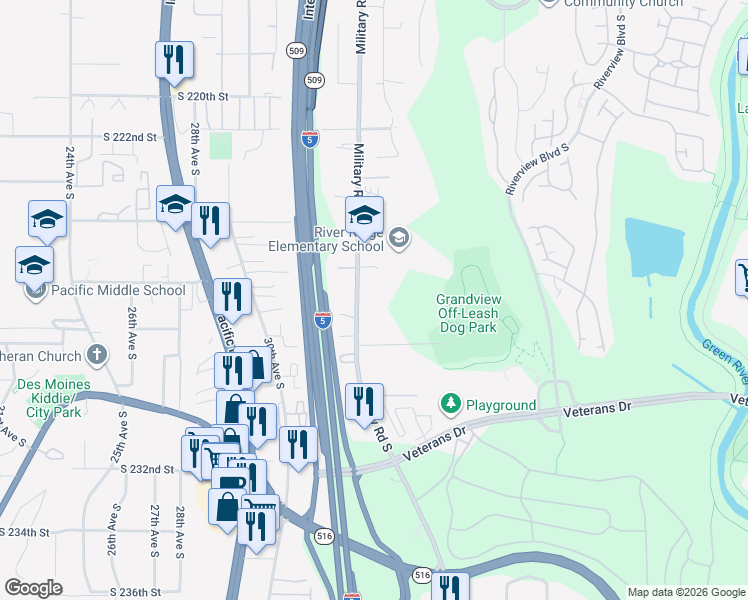 map of restaurants, bars, coffee shops, grocery stores, and more near 22628 Military Road South in SeaTac