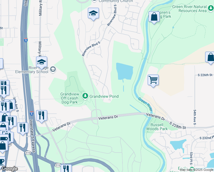 map of restaurants, bars, coffee shops, grocery stores, and more near 22418 43rd Avenue South in Kent