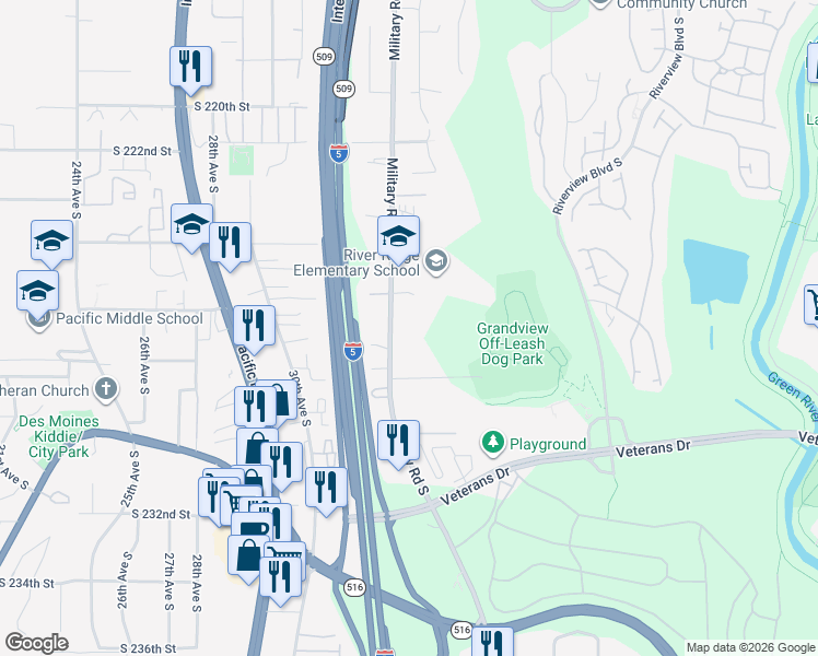 map of restaurants, bars, coffee shops, grocery stores, and more near 22628 Military Road South in SeaTac