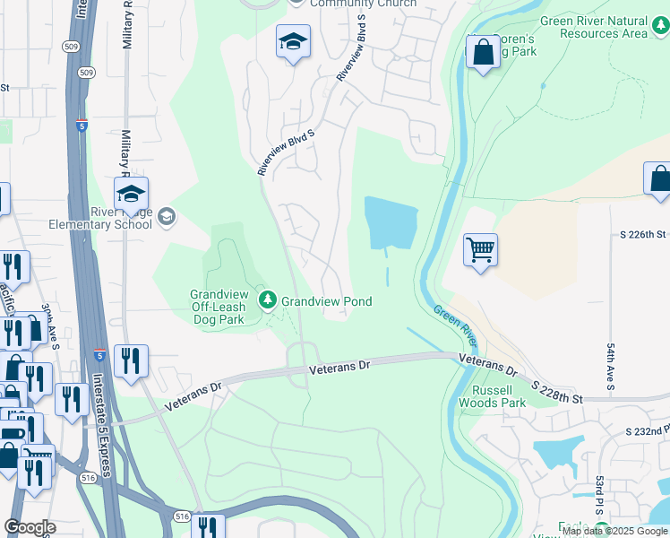 map of restaurants, bars, coffee shops, grocery stores, and more near 22418 43rd Avenue South in Kent