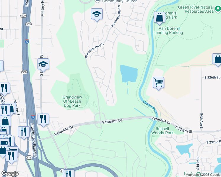 map of restaurants, bars, coffee shops, grocery stores, and more near 22535 43rd Avenue South in Kent