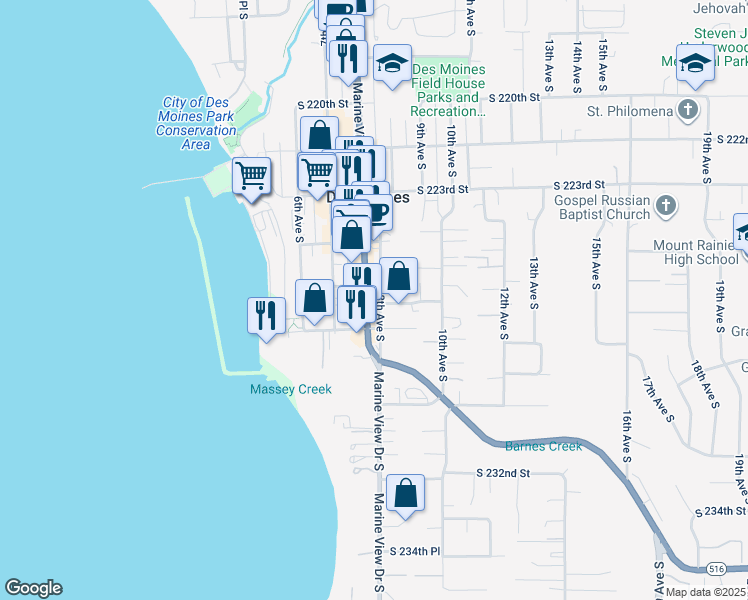 map of restaurants, bars, coffee shops, grocery stores, and more near 805 South 226th Place in Des Moines