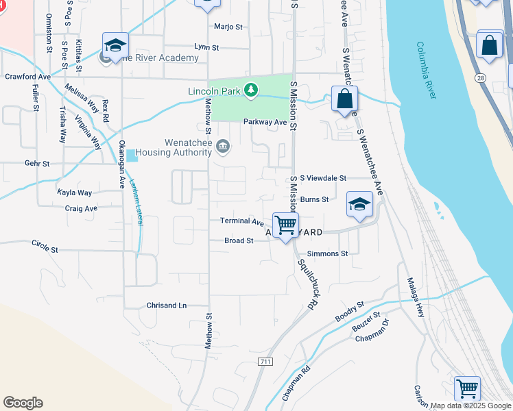 map of restaurants, bars, coffee shops, grocery stores, and more near 304 Terminal Avenue in Wenatchee