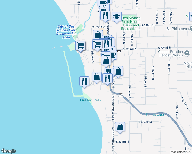 map of restaurants, bars, coffee shops, grocery stores, and more near 22612 6th Avenue South in Des Moines