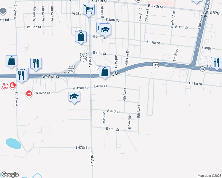 map of restaurants, bars, coffee shops, grocery stores, and more near 222 East 42nd Street in Hibbing