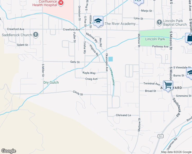 map of restaurants, bars, coffee shops, grocery stores, and more near 1721 Skylar Court in Wenatchee