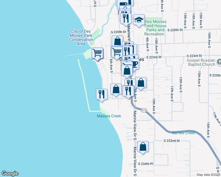 map of restaurants, bars, coffee shops, grocery stores, and more near 22698 Dock Avenue South in Des Moines