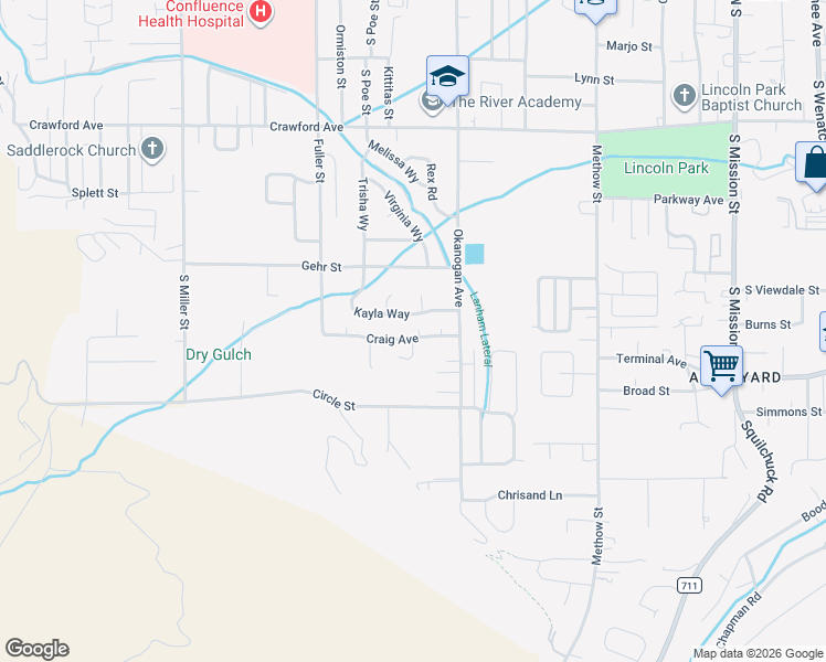 map of restaurants, bars, coffee shops, grocery stores, and more near 1721 Skylar Court in Wenatchee