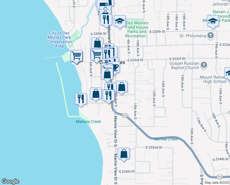 map of restaurants, bars, coffee shops, grocery stores, and more near 805 South 226th Place in Des Moines