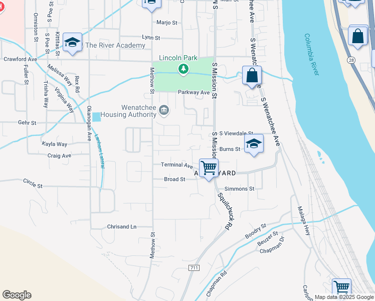 map of restaurants, bars, coffee shops, grocery stores, and more near 304 Terminal Avenue in Wenatchee