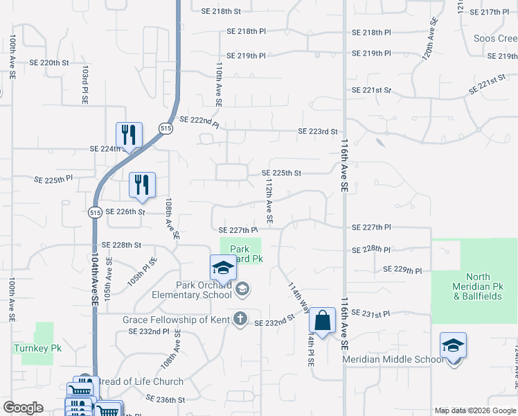 map of restaurants, bars, coffee shops, grocery stores, and more near 22627 112th Avenue Southeast in Kent