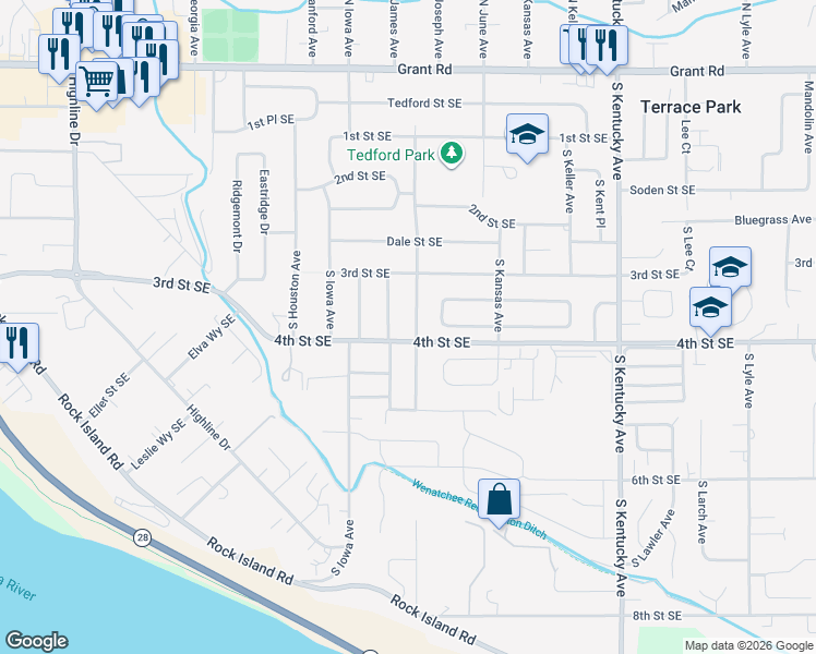 map of restaurants, bars, coffee shops, grocery stores, and more near 1124 4th Street Southeast in East Wenatchee