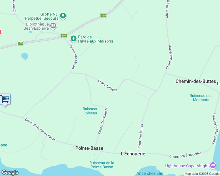 map of restaurants, bars, coffee shops, grocery stores, and more near Chemin Loiseau in Gaspésie--Îles-de-la-Madeleine
