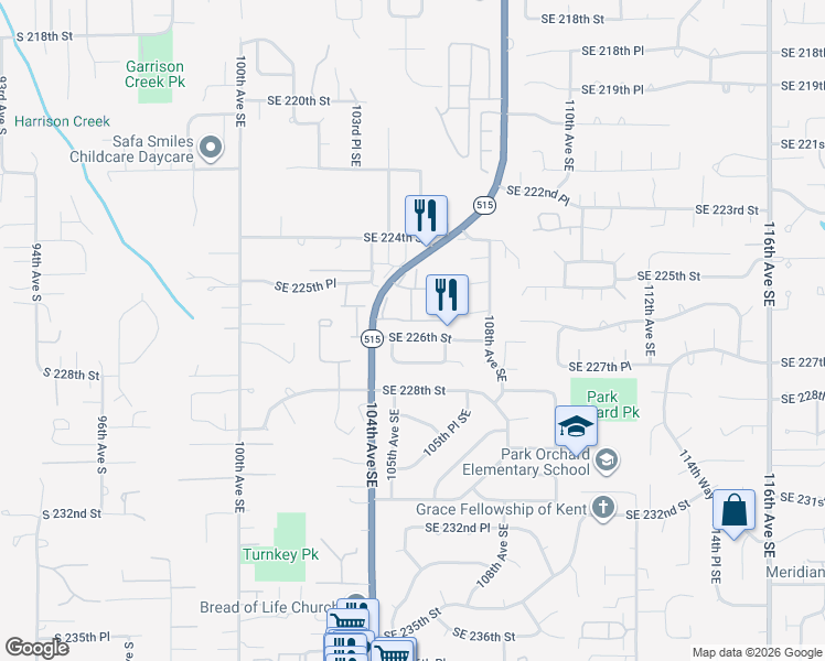 map of restaurants, bars, coffee shops, grocery stores, and more near 10518 Southeast 226th Street in Kent