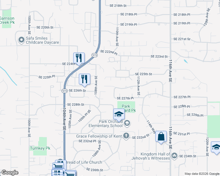 map of restaurants, bars, coffee shops, grocery stores, and more near 10831 Southeast 226th Street in Kent
