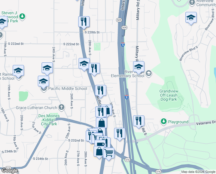 map of restaurants, bars, coffee shops, grocery stores, and more near 22625 30th Avenue South in Des Moines