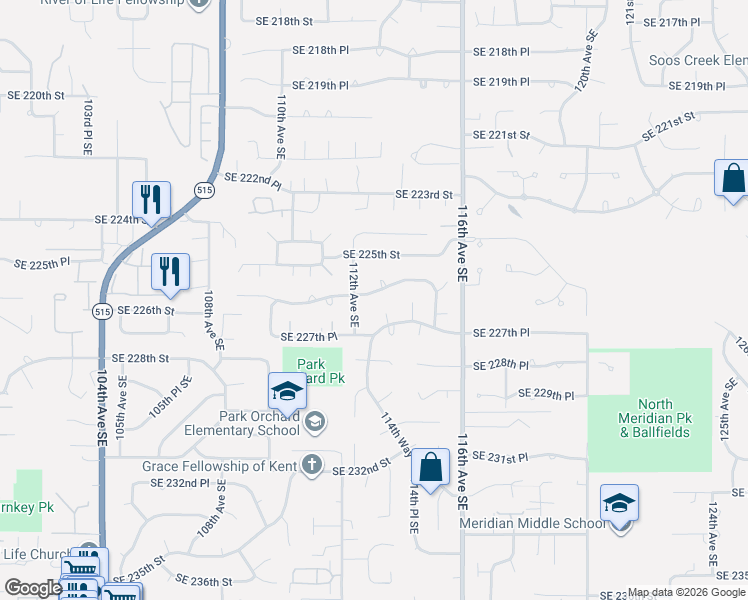 map of restaurants, bars, coffee shops, grocery stores, and more near 11215 Southeast 226th Street in Kent