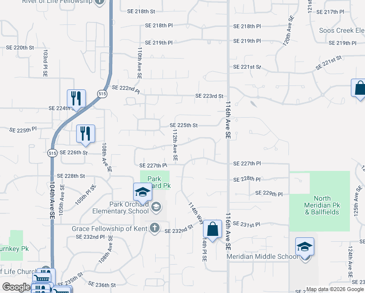 map of restaurants, bars, coffee shops, grocery stores, and more near 22627 112th Avenue Southeast in Kent