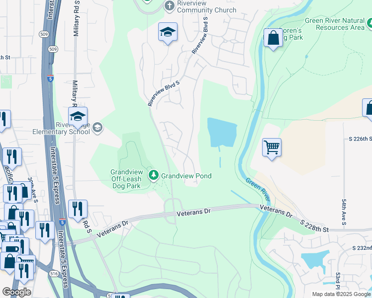map of restaurants, bars, coffee shops, grocery stores, and more near 22535 43rd Avenue South in Kent