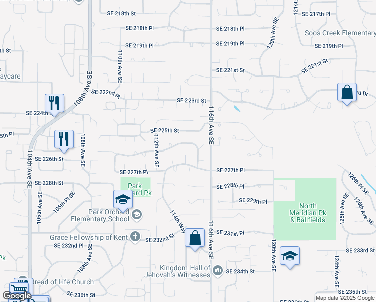 map of restaurants, bars, coffee shops, grocery stores, and more near 11416 Southeast 226th Street in Kent