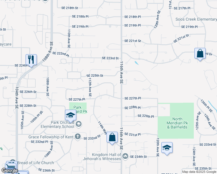 map of restaurants, bars, coffee shops, grocery stores, and more near 11416 Southeast 226th Street in Kent