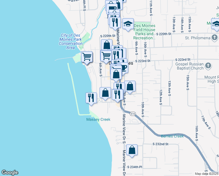 map of restaurants, bars, coffee shops, grocery stores, and more near 22514 6th Avenue South in Des Moines