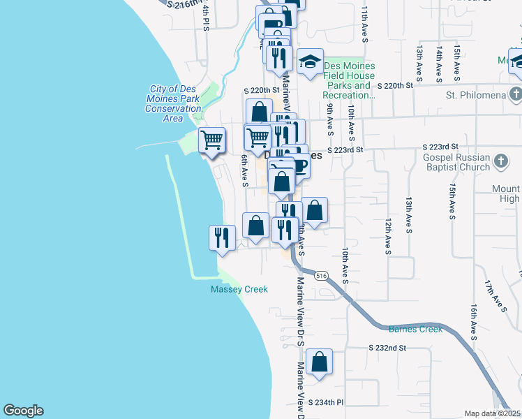 map of restaurants, bars, coffee shops, grocery stores, and more near 22514 6th Avenue South in Des Moines