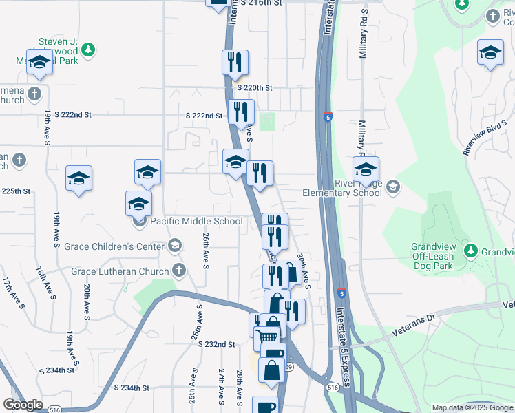 map of restaurants, bars, coffee shops, grocery stores, and more near 22444 Pacific Highway South in Des Moines