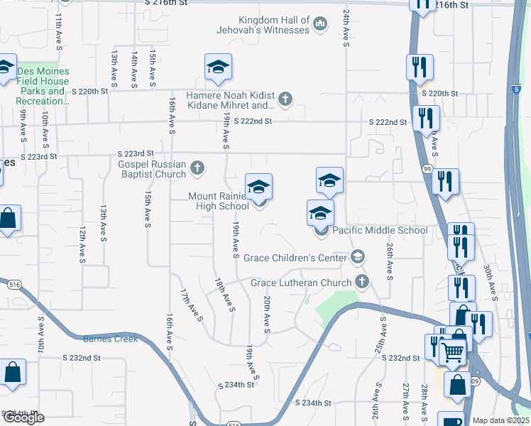 map of restaurants, bars, coffee shops, grocery stores, and more near 22450 19th Avenue South in Des Moines