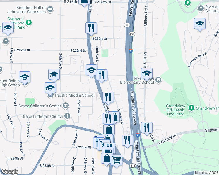 map of restaurants, bars, coffee shops, grocery stores, and more near 22434 30th Avenue South in Des Moines