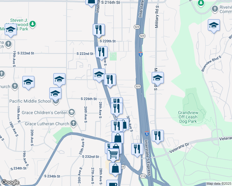 map of restaurants, bars, coffee shops, grocery stores, and more near 22434 30th Avenue South in Des Moines